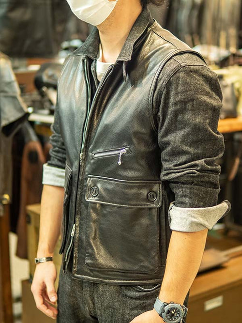 デニムツナギ×レザーベスト