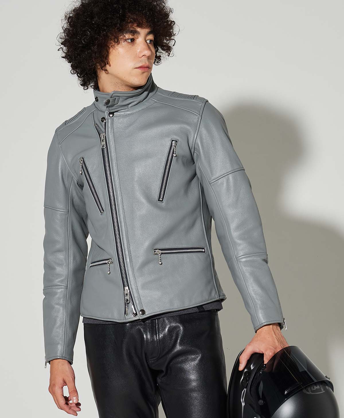 Leather jacket high neck semi-double leather jacket | Kadoya