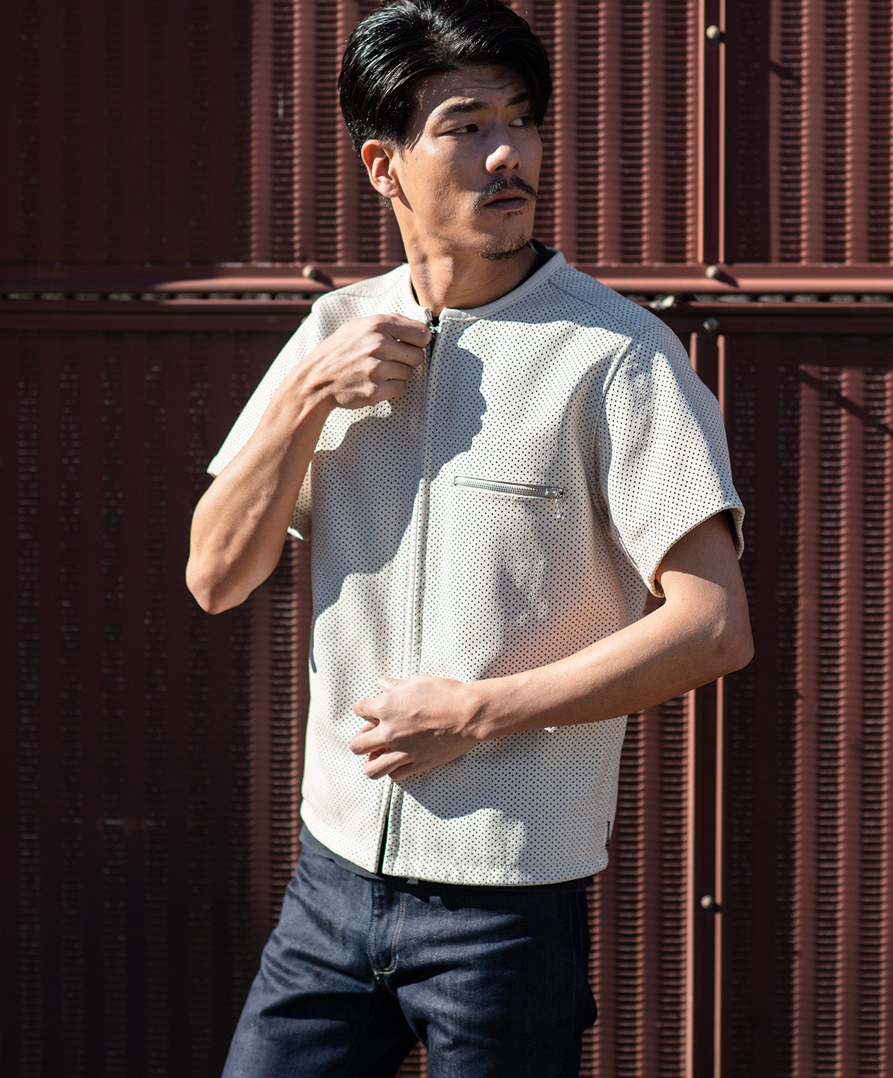 KADOYA(カドヤ)　パンチングレザージャケット　半袖　アイボリー　Mサイズ PL-LEATHER TEE｜パンチングレザー 半袖ジャケット｜KADOYA